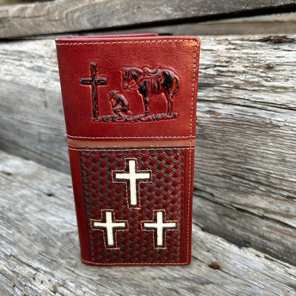 Embossed Praying Cowboy Design Leather Tall Wallet with 3 Cowhide Inlay Crosses